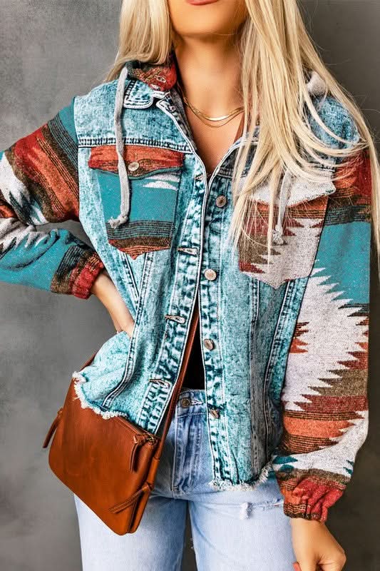 Geometric Print Frayed Hem Denim Jacket - Love Salve